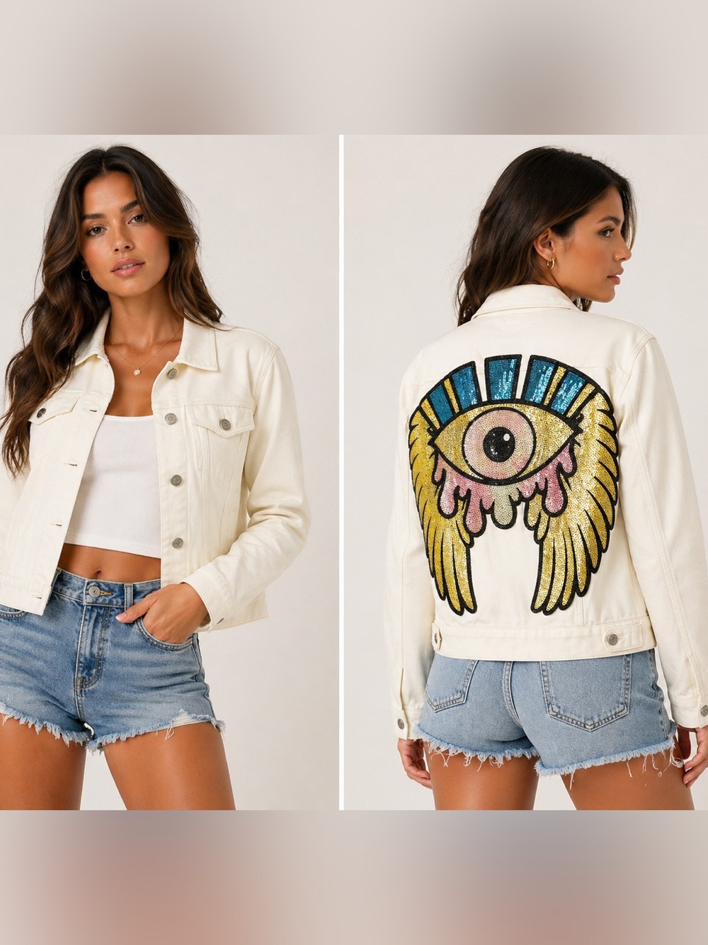Morgan Claire Watch Your Back White Denim Sequin Evil Eye Wings Trucker Size s